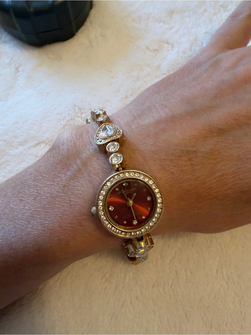 Vintage Gold-Tone Bracelet Watch with Red Sunburst Dial